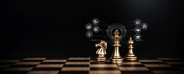 King chess pieces stand win with teamwork concept of team player or business team and leadership strategy or strategic planning and human resources organization risk management.