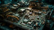 © Melipo-Art - Dusty motherboard with electronic components in the style of dystopian landscapes.