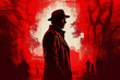 © alexkoral - portrait of male detective in hat with double exposure. Poster banner for thriller movie and book dramatic novel. Generative AI illustration