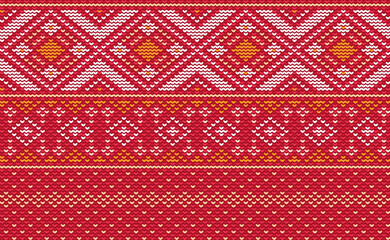 Wall Mural - Sweater knitting pattern, Vector ethnic embroidery ornamental background, Knitted texture knitting style, Red pattern geometry horizontal, Design for textile, fabric, backdrop, print, sweater