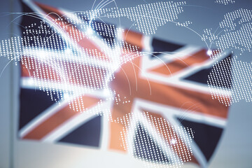Aufkleber - Double exposure of abstract digital world map hologram with connections on British flag and blue sky background, research and strategy concept