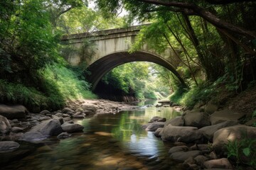 Sticker - pristine natural environment, with clear and serene stream flowing under bridge, created with generative ai