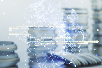 Aufkleber - Abstract virtual coding illustration and world map on coins background, international software development concept. Multiexposure