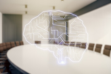 Aufkleber - Virtual creative artificial Intelligence hologram with human brain sketch on a modern coworking room background. Double exposure