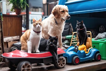 Sticker - dogs riding roller coaster and cats playing in bumper cars, created with generative ai