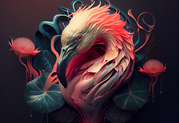 Leinwandbilder - close up of a flamingo  concept, contemporary colors and mood social background. Generative AI technology.