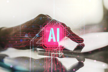 Poster - Creative artificial Intelligence symbol concept with finger presses on a digital tablet on background. Double exposure