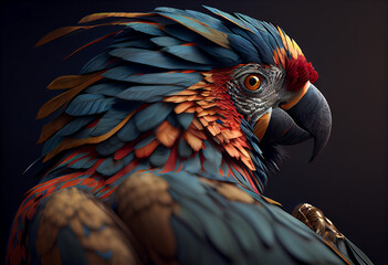 Poster - red and yellow macaw Concept, contemporary colors and mood social background. Generative AI technology.
