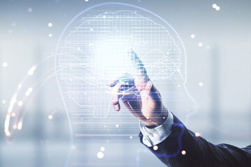 Poster - Double exposure of man hand working with creative human head microcircuit hologram on blurred office background. Future technology and AI concept