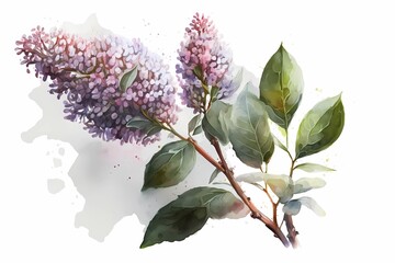 Wall Mural - Beautiful lilac flower branch. Syringa vulgaris flowers in bloom, blossom in purple and violet color. Watercolor illustration, drawing isolated on white background. Generative Ai.