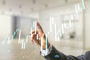 Aufkleber - Double exposure of man hand clicks on abstract creative financial chart hologram on blurred office background, research and strategy concept
