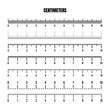 © 32 pixels - Realistic black centimeter scale for measuring length or height. Various measurement scales with divisions. Ruler, tape measure marks, size indicators. Vector illustration