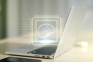 Aufkleber - Double exposure of creative human brain microcircuit with computer on background. Future technology and AI concept