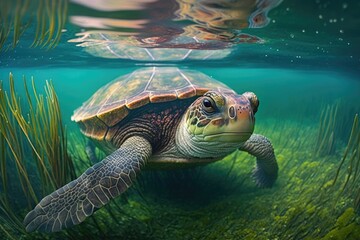 Canvas Print - swimming turtle, with its head and limbs submerged in the water, created with generative ai