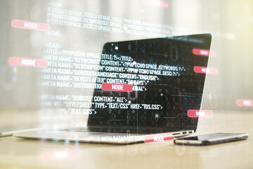 Poster - Multi exposure of abstract software development hologram on laptop background, research and analytics concept