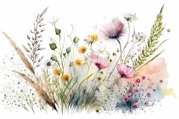 Wall Mural - Beautiful and colorful wild meadow flowers. Watercolour illustration, drawing isolated on white background. Generative Ai.