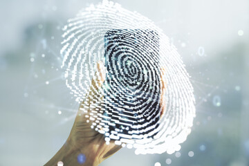 Aufkleber - Abstract creative fingerprint concept and hand with phone on background. Multiexposure
