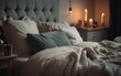 Cosy bedroom in modern home, pillows close up