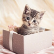 © Elena - Cute kitten in a present box. AI generated content