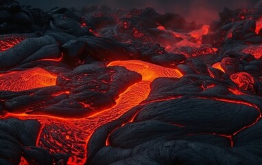 background with glowing hot red molten lava after vulcanic eruption