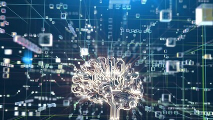 Artificial Intelligence, the Camera Flies Through the Data Cloud to the Pulsating Electronic Brain. Beautiful 3d Animation, 4K