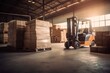 A close-up of a forklift lifting a pallet of goods in a warehouse, with other workers and cargo visible in the background. Creative concept for warehouse management and logistics. 