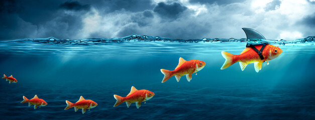 Small Brave Goldfish With Shark Fin Costume Leading Others Through Dark Stormy Waters - Leadership Concept	