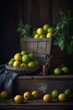 A basket of lemons sits on a table in a dark room. AI generated