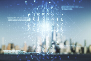 Poster - Double exposure of abstract virtual creative code skull hologram on blurry cityscape background. Malware and cyber crime concept