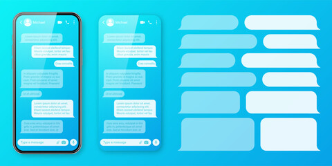 Realistic smartphone with messaging app on colorful blue background. Blank SMS text frame. Chat screen with transparent message bubbles. Social media application. Vector illustration