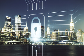 Poster - Double exposure of virtual creative lock hologram with chip on New York city skyscrapers background. Information security concept