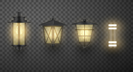 Street wall lights different shape outdoor garden illuminated lamps set realistic vector