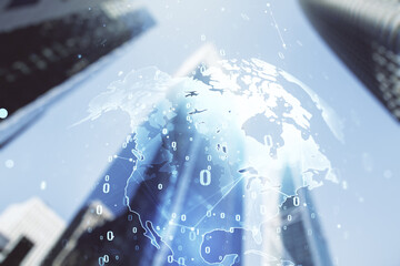 Poster - Multi exposure of abstract programming language hologram and world map on blurry cityscape background, artificial intelligence and neural networks concept