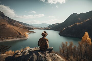 Wall Mural - traveler, taking in the view of natural wonder, with mountains and water in the background, created 