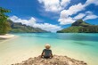 © Natalia - person, sitting in the sun with view of beautiful beach and crystal-clear water, created with generative ai