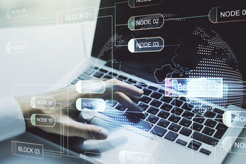 Poster - Multi exposure of abstract programming language hologram with world map and hands typing on computer keyboard on background, artificial intelligence and neural networks concept