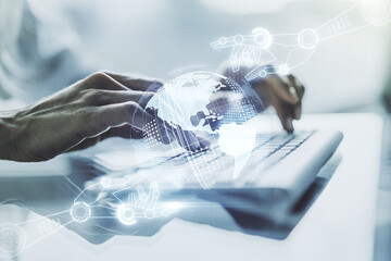 Aufkleber - Double exposure of robotics technology with world map hologram and hands typing on laptop on background. Research and development software concept