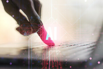 Poster - Creative artificial Intelligence symbol concept with hands typing on computer keyboard on background. Double exposure