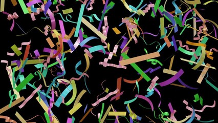 Poster - Animation of colorful flying confetti particles. Motion of colorful paper ribbon shapes for party, celebration, greeting, holiday and birthday.