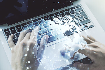 Aufkleber - Multi exposure of abstract software development hologram with world map and hands typing on computer keyboard on background, global research and analytics concept
