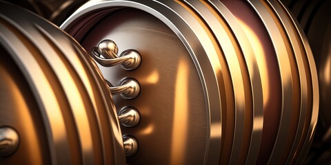 Fototapete - Image of metal wine barrels up close in a vineyard. Generative AI