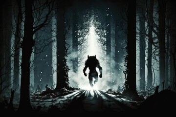 Sticker - werewolf running through moonlit forest, with the beams of light shining through the trees, created with generative ai