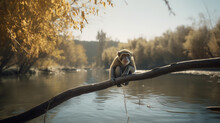 A Monkey Sitting Relaxed On A Tree Branch Above The River, Expressive, Playful - Generative AI