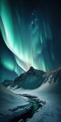 Fototapete - Winter slopes at night beneath a starry sky and the northern lights make for a breathtakingly beautiful scene. Image of Northern Nature's Charm copyspace Generative AI
