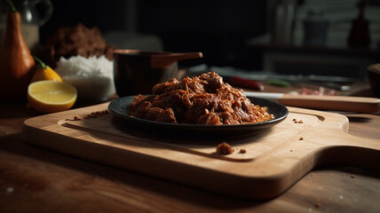 Beef curry is a beef curry typical of traditional food from Padang, West Sumatra, Indonesia. Served on a wooden plate with a rustic kitchen composition. Menu for Eid al-Fitr Eid al-Adha. Ai generative