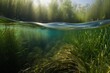aquatic plants and seagrasses swirling in current of river, created with generative ai