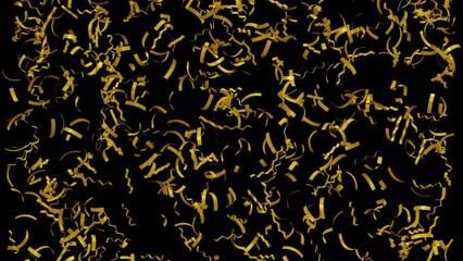 Poster - Animation of golden flying confetti particles. Motion of colorful paper ribbon shapes for party, celebration, greeting, holiday and birthday.