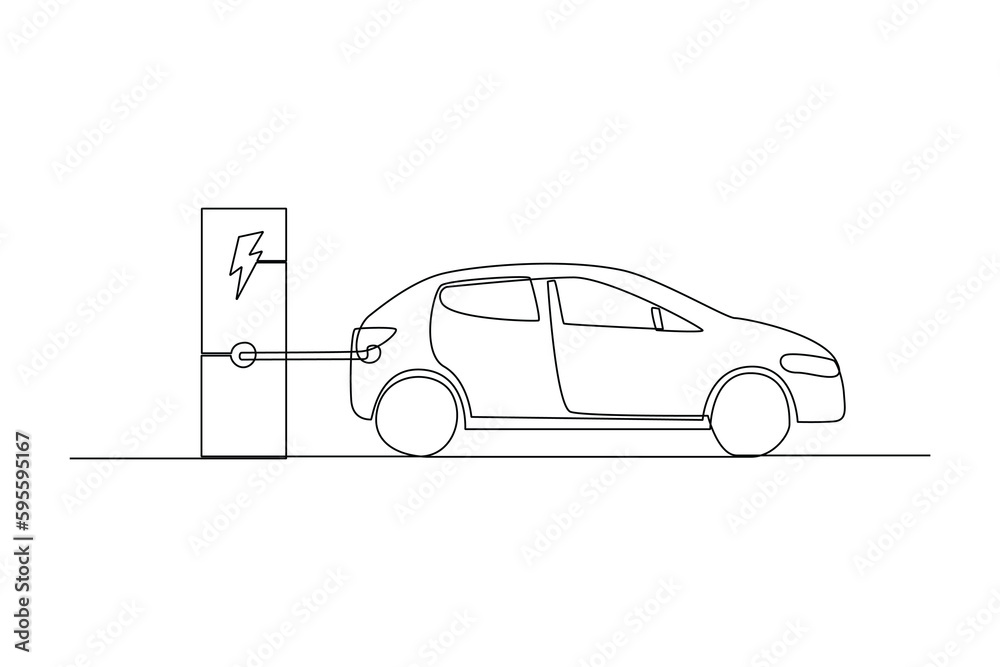 Continuous one line drawing Electric car at charging station. Electric car concept. Single line draw design vector graphic illustration.