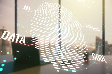 Poster - Abstract creative fingerprint concept and modern desktop with computer on background. Multiexposure