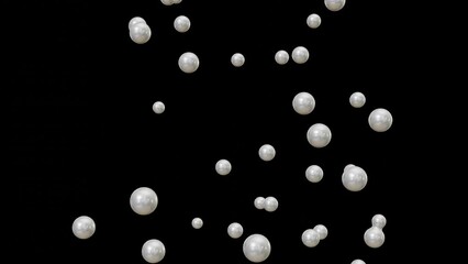 Poster - Animation of falling white metaballs. Round spheres rotation on black background. Motion of metaballs merging and flowing in 3d rendering.
